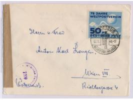 Einzelfrankatur  50 Pf. "75 Jahre UPU"  auf Auslandsbrief, Werbestempel  Cottbus  7.11.49, nach Wien, links österreichische Z