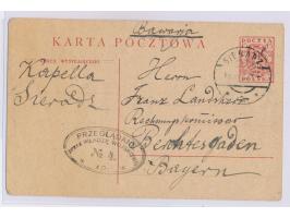 Ganzsache 15 F. mit Stempel Sieradz 13.8.20 nach Deutschland, Ovalstempel der  Zensurstelle Lodz  mit No. 4, selten deutliche