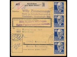 4x 80 Pfg. Köpfe komplett vorderseitig als Mehrfachfrankatur auf &nbsp;Paketkarte &nbsp;mit Stempel &nbsp;Nietleben über Hall