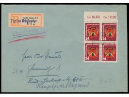 5-Jahrplan 24 Pf. im Oberrand-Viererblock auf  Einschreibbrief  mit Stempel Halle 28.10.51 nach Chemnitz, R-Zettel  Halle C 2