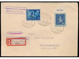 Einschreibbrief mit Sondermarken-Frankatur, Stempel  Bernau bei Berlin Land  12.1.53, Blanko-R-Zettel mit violettem R2  Jugen