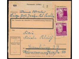2 x 40 Pf. (Wasserzeichen 2) auf  Paketkarte  mit Stempel  Fleetmark (Altm)  28.3.53 nach Hamburg
Postleitzahl: 061
