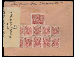 10 x 1 M. und 10 M. rückseitig auf  Einschreibbrief  mit deutschem Stempel  Lodz a  28.12.20 nach Österreich, roter R-Stempel