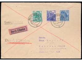 Fünfjahrplan (Neudruck 1957):  alle elf am 21.11.1953 erschienene Werte auf drei Briefen (2 x Eilboten, 1 x Einschreiben) mit