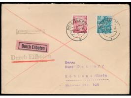 Fünfjahrplan (Neudruck 1957):  alle elf am 21.11.1953 erschienene Werte auf drei Briefen (2 x Eilboten, 1 x Einschreiben) mit