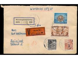Wertbrief &nbsp;mit Wertangabe 103 M., Mischfrankatur 110 Pf., Stempel &nbsp;Berlin W 8 &nbsp;19.10. 54, alter V-Zettel mit P