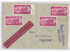 4 x 20 Pf. "Deutsche Patrioten" auf Eilbotenbrief mit Stempel Zeitz 1 28.3.55 nach Halle, Ankunftstempel 28.3.55, portorichti