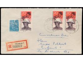 3 x 20 Pf.  "40. Jahrestag der Novemberrevolution"  mit 10 Pf. Fünfjahrplan auf  Einschreibbrief  mit Stempel  Merseburg 3  7