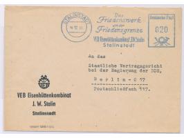 blauer Absenderfreistempel &nbsp;Stalinstadt &nbsp;14.12.55 &quot;Das Friedenswerk an der Friedensgrenze / VEB Eisenhüttenkom