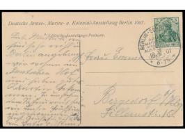Berlin-Schöneberg Armee-, Marine und Kolonial-Ausstellung:  zwei Ausstellungs-Ansichtskarten, Frankatur 5 Pf. und jeweils sau