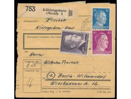20 x 3 Pf. Hindenburg und 20 Pf., 40 Pf. und 2 RM Hitler beidseitig auf  Paketkarte  für ein Paket von 16 kg von Ostseebad Kü