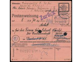 Postanweisung  auf 8 RM mit Stempel  Roßwein  25.9.45 und R2 Gebühr bezahlt nach Berlin SW 68, Ankunftstempel 1.10.45, L1  Zu
