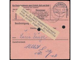 Postanweisung  auf 8 RM mit Stempel  Roßwein  25.9.45 und R2 Gebühr bezahlt nach Berlin SW 68, Ankunftstempel 1.10.45, L1  Zu