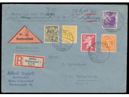 Mischfrankatur 6, 12 und 30 Pf. Bär mit  AM-Post 6 und 8 Pf.  auf  Einschreiben-Nachnahme-Brief  nach Halle / Saale, Stempel 