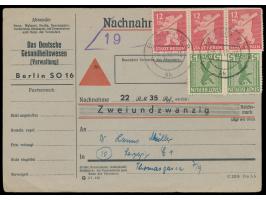 2 x 5 Pf. und 3 x 12 Pf. (eine Marke Zähnung durch Randklebung bestoßen) auf Vordruckkarte für eine  Nachnahme-Drucksache  mi