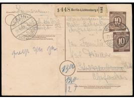 Ganzsache 10 Pf. Ziffer  mit Zusatzfrankatur 10 Pf. Ziffer und 1 M. Taube (diese rückseitig) als  Notpaketkarte  mit Stempel 