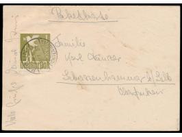 Ganzsache 10 Pf. Ziffer  mit Zusatzfrankatur 10 Pf. Ziffer und 1 M. Taube (diese rückseitig) als  Notpaketkarte  mit Stempel 