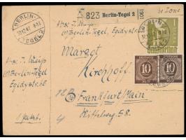2 x 10 Pf. Ziffer und 1 M. Taube auf Firmenkarte der Volksfürsorge als  Notpaketkarte,  Stempel  Berlin-Tegel 2  30.12.47, fü