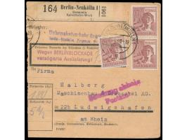 3 x 60 Pf. Arbeiter auf  Selbstbucher-Paketkarte  aus West-Berlin mit Stempel  Berlin-Neukölln 1  14.4.48 nach Ludwigshafen, 
