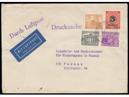 Mischfrankatur Bauten 1, 4 und 6 Pf. mit 5 Pf. Grünaufdruck auf  Luftpost-Drucksache 2. Gewicht  (21 bis 40 g) nach Passau, S