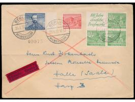 Zusammendruck  10 Pf. mit Reklamefeld "100 Jahre deutsche Briefmarke" im Viererblock und 20 Pf. Bauten und BRD 30 Pf. "Otto-M