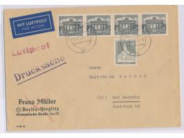 4 x 1 Pf. Bauten I und 8 Pf. Bauten II auf  Luftpost-Drucksache  mit Stempel Berlin SW 11 1.2.57 nach Bad Nauheim, portoricht