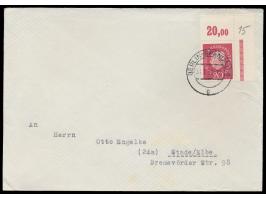 20 Pf. Heuss mit  Plattendruck-Eckrand  rechts oben auf Brief nach Stade, Stempel Berlin-Spandau 31.1.59, MiPr. 70  für lose