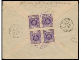 Viererblock 30 gr rückseitig auf  Luftpost-Express-R-Brief  von Warszawa 16.10.1924 nach Paris,  Luftpostzuschlag bar bezahlt