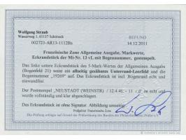 5 M  Heinrich Heine als unteres linkes Eckrandstück mit  Leerfeld  und  Bogennummer 19269, sauberer Stempel Neustadt (Weinstr