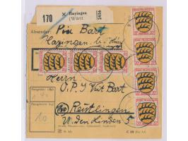 7 x 20 Pf. komplett vorderseitig auf  Paketkarte  für ein Paket von 10 kg mit Stempel  Hayingen (Württ)  5.7.46 nach Reutling