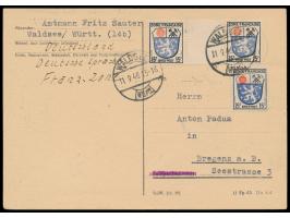 Einzelmarke und waagerechtes &nbsp;Zwischenstegpaar 15 Pf. &nbsp;auf Auslandskarte mit Stempel Waldsee (Württ.) 11.9.46 nach 