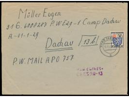 24 Pf. auf Brief mit Stempel  Horb (Neckar)  15.11.46 an einen Gefangenen im  Internierungslager Dachau,  violetter Lager-Zen