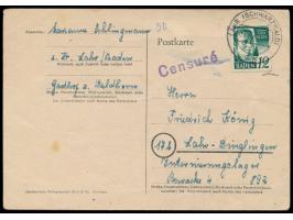 12 Pf. auf Postkarte mit Stempel Lahr (Schwarzwald) 7.8.47 an einen Gefangenen im  Internierungslager Lahr-Dinglingen,  viole