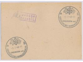 Sonderstempel &nbsp;Endingen a. N. 1. Südbadischer Schachkongress &nbsp;3.2.48, 2 Blankoabschläge auf Karte mit violettem R2 
