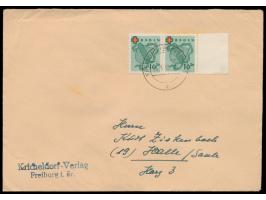 10 Pf. Rotes Kreuz  als waagerechtes Paar mit Seitenrand rechts auf Brief, Stempel  Freiburg (Breisgau) 2  14.3.49, nach Hall