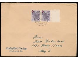 20 Pf. Rotes Kreuz  als waagerechtes Paar mit Seitenrand rechts auf Brief 2. Gewicht, Stempel  Freiburg (Breisgau) 2  14.3.49