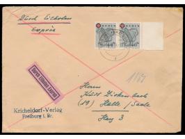 40 Pf. Rotes Kreuz  als waagerechtes Paar mit Seitenrand rechts auf Eilbotenbrief, Stempel  Freiburg (Breisgau) 2  14.3.49, n