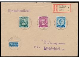 Goethe-Satz  und Notopfermarke   auf Einschreibbrief mit zentrischen Stempeln  Freiburg (Breisgau) 1  28.8.49 nach Ansbach, A