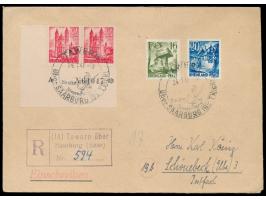 24 Pf. im waagerechtem Eckrandpaar links unten mit Bogen-Nr. " A N. 64047 *" und 16 Pf. und 20 Pf. als Einschreiben nach Schö