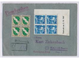 Eckrandviererblock  Rheinland-Pfalz 20 Pf. mit komplettem  Druckdatum 3.10.1947  und Viererblock Allgemeine Ausgabe 1 Pf. auf