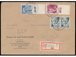 30 Pf. und 50 Pf. mit Oberrand (beide mit gezähntem Feld in Markengröße) mit 2 Pf. auf Einschreibbrief, Stempel &nbsp;Trier 1