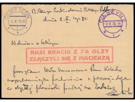 Besetzung des Teschener Gebietes,  CSR-Ganzsache 50 H. mit Zusatzfrankatur 20 H. und 50 H. und Polen 5 gr., provisorischer vi