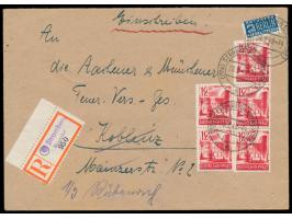 5 x 12 Pf. und Notopfermarke auf  Einschreibbrief  mit Stempel  Stromberg (Hunsrück)  28.2.49 nach Koblenz,  Blanko-R-Zettel 