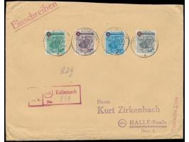 Rotes Kreuz-Satz  auf Einschreibbrief mit Stempel Rübenach 4.4.49 mit gestempelter Adresse nach Halle (Saale), roter R-Stempe
