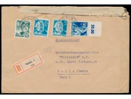 Mischfrankatur 80 Pf. auf Einschreibbrief 2. Gewicht mit Stempel Mainz 1 28.4.49 nach Halle Saale, oben neutraler weißer Vers