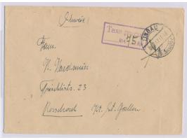 Grenzzonen-Brief  mit Stempel  Lindau (Bodensee) 1  26.3.47 und violettem R2  Taxe percue / ... RM. ...Rpf. , handschriftlich