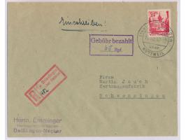 24 Pf. und Stempel Gebühr bezahlt ... Rpf. (handschriftlich 60 Pf.) als Teilbarfrankatur auf Einschreibbrief mit Stempel (14b