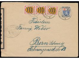 Zensurstelle Baden-Baden,  Auslandsbrief mit Allgemeine Ausgabe 15 Pf. und 3 x 20 Pf. in die Schweiz, Stempel Baden-Baden 1 2