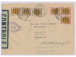 Zensurstelle Offenburg,  Allgemeine Ausgabe 3 x 5 Pf. und 3 x 20 Pf. auf Auslandsbrief mit Stempel  Freiburg (Baden)  8.4.46 