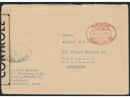Zensurstelle Freiburg,  Auslandsbrief mit rotem Stempel  Freiburg (Breisgau)  31.10.46 nach Tel Aviv / Palästina, links schwa